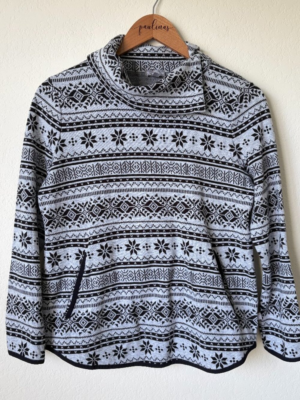 Talbots Top Womens Small Petite Grey Fair Isle Nordic Cowl Sweater Pullover SP